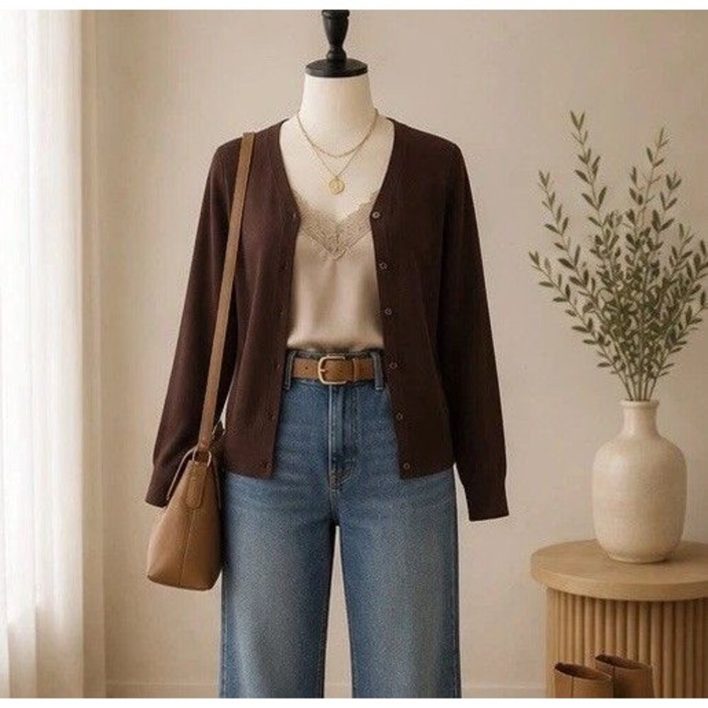 Cable & Gauge 1X Brown Cardigan Sweater V-Neck Button Front Plus Size